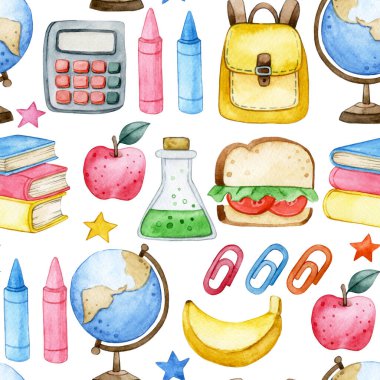 Okul malzemeleriyle suluboya desenli. Okula dönüş için yazdır