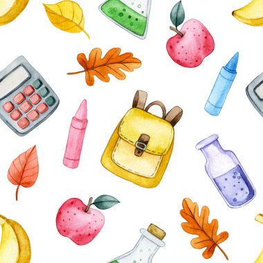 Okul malzemeleriyle suluboya desenli. Okula dönüş için yazdır