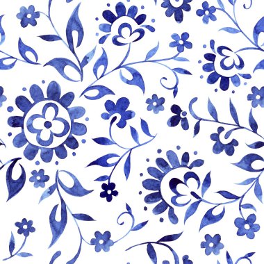 Mavi süslemeli suluboya desenli. Halk baskısı