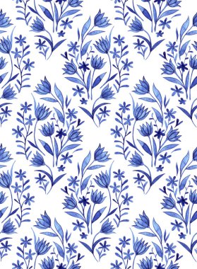 Eşkenar dörtgen ve mavi çiçekli suluboya desenler. döşeme