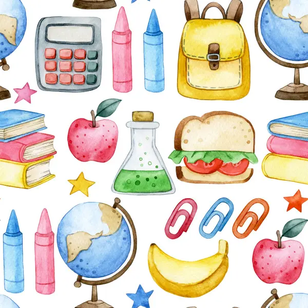 Okul malzemeleriyle suluboya desenli. Okula dönüş için yazdır
