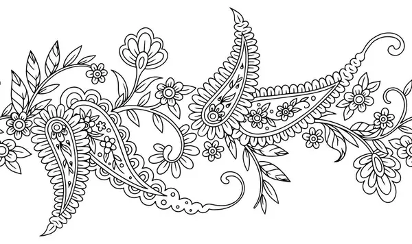 Şal desenli süsün kusursuz sınırı. Vektör çizgisi çizimi. özet