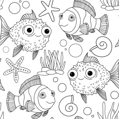 Boyama kitabı. Balık ve deniz hayvanlarının olduğu su altı dünyası desenleri çok şirin. Karalama biçiminde vektör illüstrasyonu