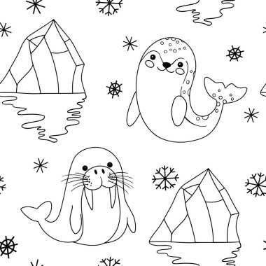Boyama kitabı. Kutup foku ve deniz aygırı desenli şirin bir desen. Karalama biçiminde vektör illüstrasyonu.