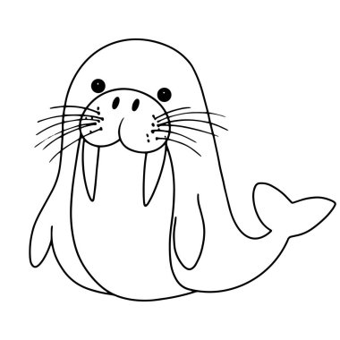 Boyama kitabı. Sevimli mors karakteri. Karalama biçiminde vektör illüstrasyonu.