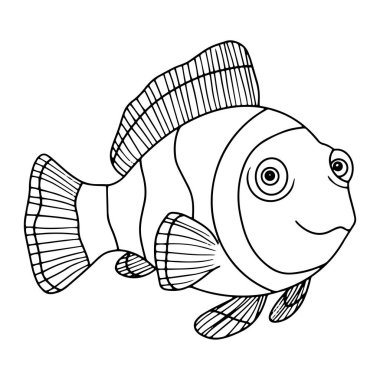 Boyama kitabı. Şirin tropikal palyaço balığı karakteri. Karalama biçiminde vektör illüstrasyonu.