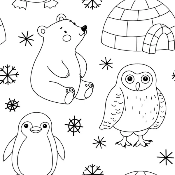 Boyama kitabı. Kutup hayvanlarıyla şirin, pürüzsüz bir desen. Karalama biçiminde vektör illüstrasyonu