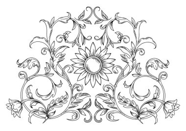 Barok parşömeni simetrik element oyma süsü. Viktorya dönemi filigran dekorasyon elementi, Floral, Grafik vektör illüstrasyonunu zenginleştir