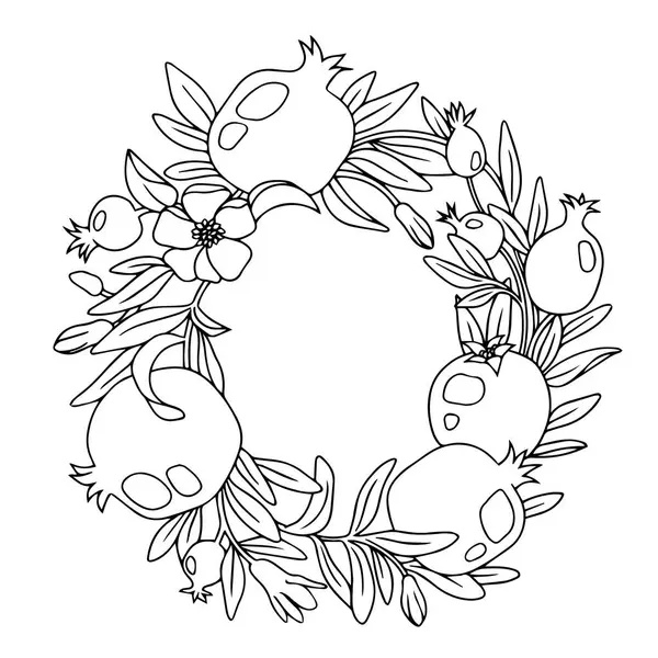 Nar aromalı meyve ve yapraklı çelenk. Vektör satırı illüstrasyonu