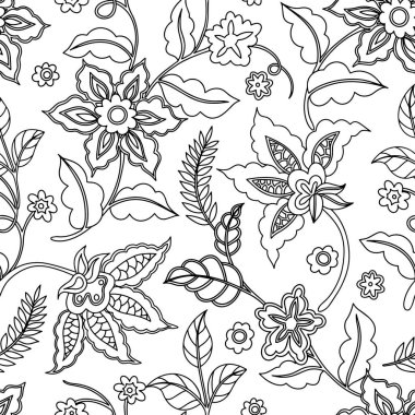 Boyama kitabı. Soyut çiçeklerin kusursuz deseni. Vektör satırı illüstrasyonu.
