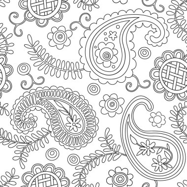 Boyama kitabı. Kusursuz desenli şal desenli süs. Vektör çizgisi çizimi. Özet