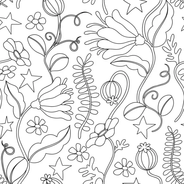 Boyama kitabı. Soyut çiçeklerin kusursuz deseni. Vektör satırı illüstrasyonu.
