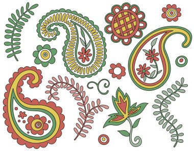 Doğulu desenli parlak kırmızı ve sarı tonlarda süslemeleri olan vektör kümesi