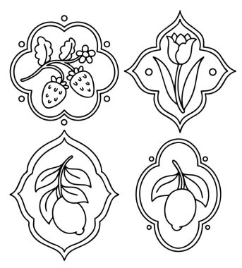 Boyama kitabı. Çiçekler, böğürtlenler ve limonlarla farklı şekillerde çerçeveler. Vektör grafikleri, çizgi film