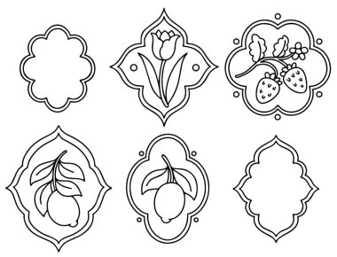 Boyama kitabı. Çiçekler, böğürtlenler ve limonlarla farklı şekillerde çerçeveler. Vektör grafikleri, çizgi film