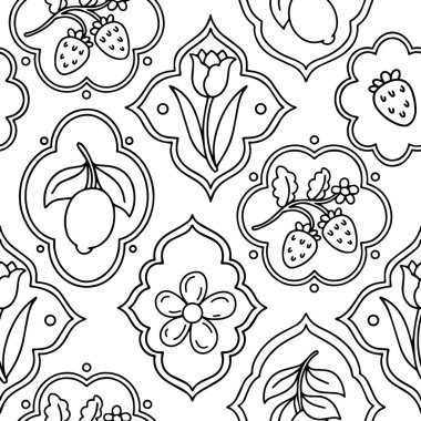 Boyama kitabı. Farklı çerçeve şekillerinde çiçek ve böğürtlen desenleri. Vektör grafikleri, çizgi film