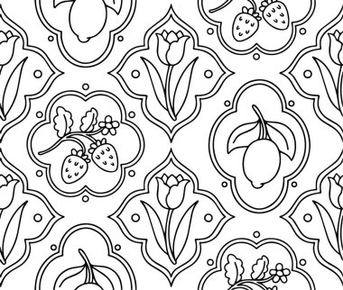 Boyama kitabı. Farklı çerçeve şekillerinde çiçek ve böğürtlen desenleri. Vektör grafikleri, çizgi film