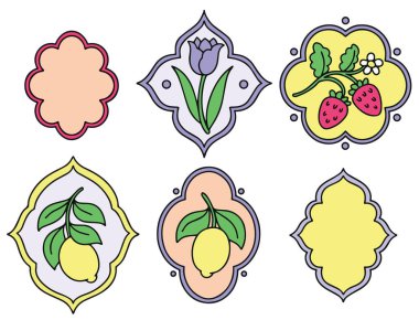 Çiçekler, böğürtlenler ve limonlarla farklı şekillerde çerçeveler. Vektör grafikleri, çizgi film