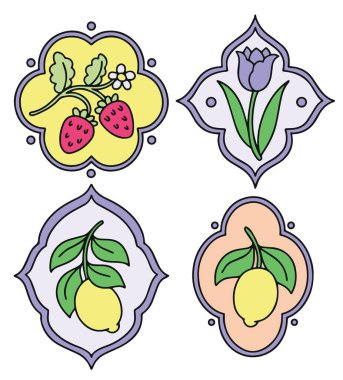 Çiçekler, böğürtlenler ve limonlarla farklı şekillerde çerçeveler. Vektör grafikleri, çizgi film