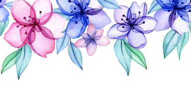 Şeffaf çiçeklerin kusursuz sınırı. Soyut çiçekler ve ince pembe ve mavi yapraklar.