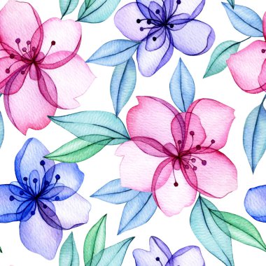 Suluboya şeffaf çiçeklerin kusursuz deseni. Soyut çiçekler ve yapraklar pembe ve mavi renklerde