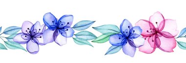 Şeffaf çiçeklerin kusursuz sınırı. Soyut çiçekler ve ince pembe ve mavi yapraklar.