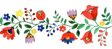 Soyut fantezi çiçeklerinin halk tarzında kusursuz sınırı. Suluboya çizimi