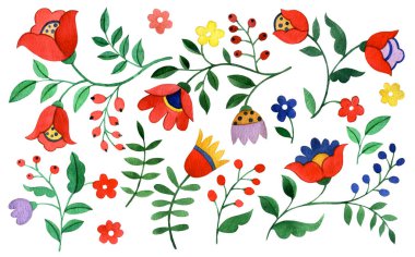 Soyut fantezi çiçekleri ve folklor tarzında yapraklar. suluboya resimleme