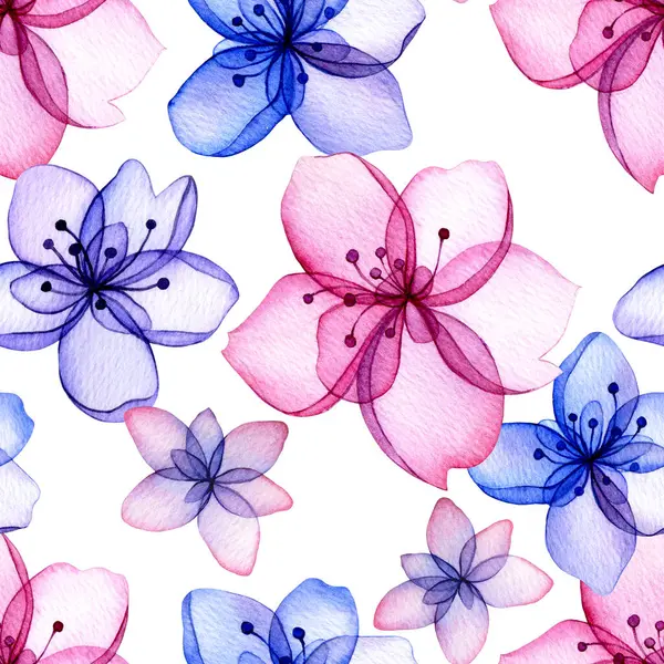 Suluboya şeffaf çiçeklerin kusursuz deseni. Soyut çiçekler ve yapraklar pembe ve mavi renklerde