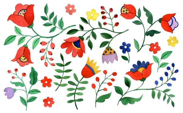 Soyut fantezi çiçekleri ve folklor tarzında yapraklar. suluboya resimleme