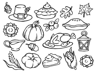 Samimi şükran günü teması üzerine karalama tarzında basit vektör çizimleri. hindi, balkabağı, turta