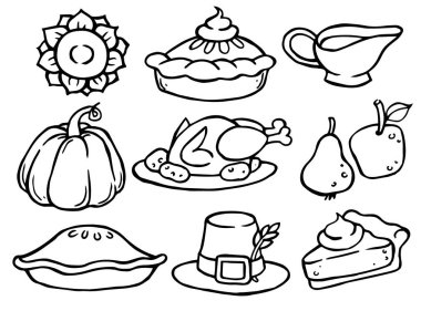 Samimi şükran günü teması üzerine karalama tarzında basit vektör çizimleri. hindi, balkabağı, turta