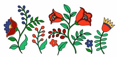 Halk tarzında soyut fantezi çiçekleri, böğürtlenler ve yapraklar. Karalama biçiminde vektör illüstrasyonu