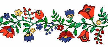 Soyut fantezi çiçeklerinin halk tarzında kusursuz sınırı. Karalama biçiminde vektör illüstrasyonu