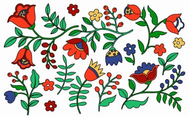 Soyut fantezi çiçekleri ve folklor tarzında yapraklar. Karalama biçiminde vektör illüstrasyonu