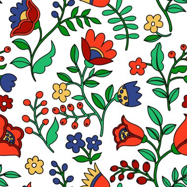 Soyut fantezi çiçeklerinin halk tarzında kusursuz deseni. Karalama biçiminde vektör illüstrasyonu