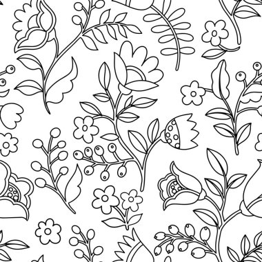 Boyama kitabı. Soyut fantezi çiçeklerinin halk tarzında kusursuz deseni. Karalama biçiminde vektör illüstrasyonu