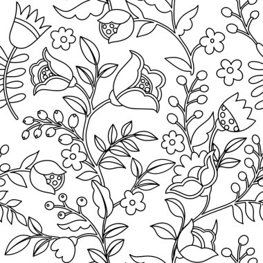 Boyama kitabı. Soyut fantezi çiçeklerinin halk tarzında kusursuz deseni. Karalama biçiminde vektör illüstrasyonu