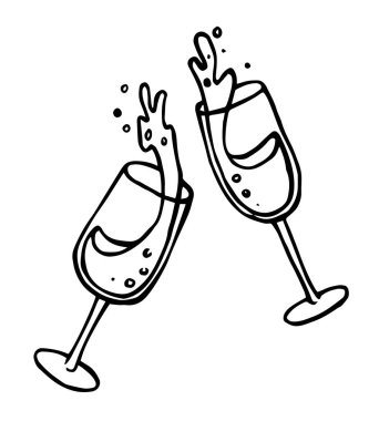 Şenlikli şampanya kadehleri. Çizim tarzında vektör illüstrasyonu. Kutlama, yeni yıl, düğün