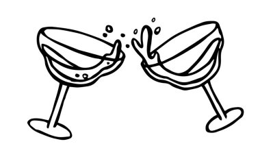 Şenlikli şampanya kadehleri, şarap. Çizim tarzında vektör illüstrasyonu. Kutlama, yeni yıl, düğün