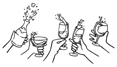 Set, kadehleri tutan eller ve şampanya şişesi. Parti, yeni yıl, düğün. vektör karalama çizimi