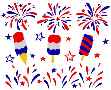 Amerikan Bağımsızlık Günü için havai fişek seti ve elementler.