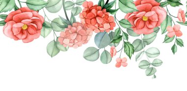 Pembe ortanca, şakayık çiçekleri ve okaliptüs yapraklarıyla kusursuz bir sınır. Zarif suluboya bileşimi