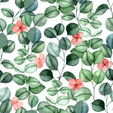 Pembe ortanca çiçekleri ve okaliptüs yapraklarının kusursuz deseni. suluboya baskı hassas illüstrasyon