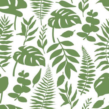 Tropik yeşil orman yapraklarının kusursuz deseni. Vektör çizimi. Canavarın silueti, eğreltiotu, okaliptüs