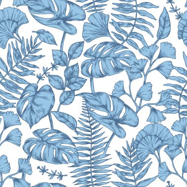 Tropikal mavi orman yapraklarının kusursuz deseni. Robot resim tarzında vektör illüstrasyonu. Canavar, eğrelti otu, okaliptüs