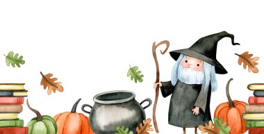 Büyücü okulu temasının kusursuz sınırı, cadılar bayramı, sihir. şirin suluboya kenarı