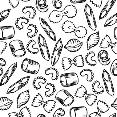 Farklı makarna türleriyle kusursuz desen. Karalama biçiminde vektör illüstrasyonu