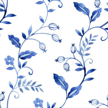Suluboya doğulu süslemelerle kusursuz desen. Çiçek ve böğürtlenli mavi iz