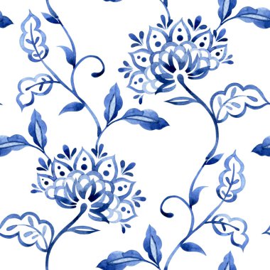Suluboya doğulu süslemelerle kusursuz desen. mavi çiçek izi.